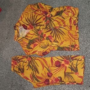 Chicos Design linen top & capri pants Hawaiian print Medium 2pc set y2k